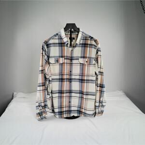 George Men’s XL Plaid Flannel Shirt Cream Blue Tan Button Front Soft Casual